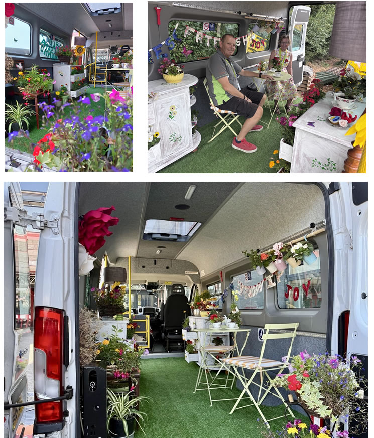 Various images of the vans complete with plants, chairs, chairs, tables, and flowers